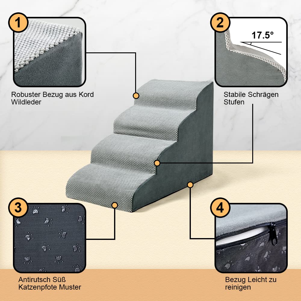 A.FATI Dog Stairs Bed, 4 Steps Dog Ramp made of high-density foam for Couch|Sofa|, Non-slip Pet Stairs 50cm High for Small Dogs - with Dog Toy Rope (gray)