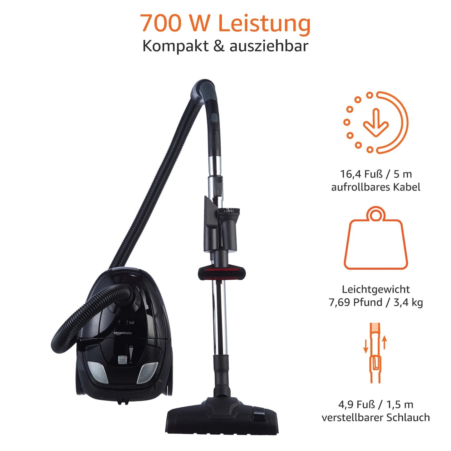 Amazon Basics Bagged Vacuum Cleaner - VCB35B15C-1J7W-70, powerful, compact, and lightweight, for hard floors and carpets, HEPA filter, 700W, 1.5L, EU, Black