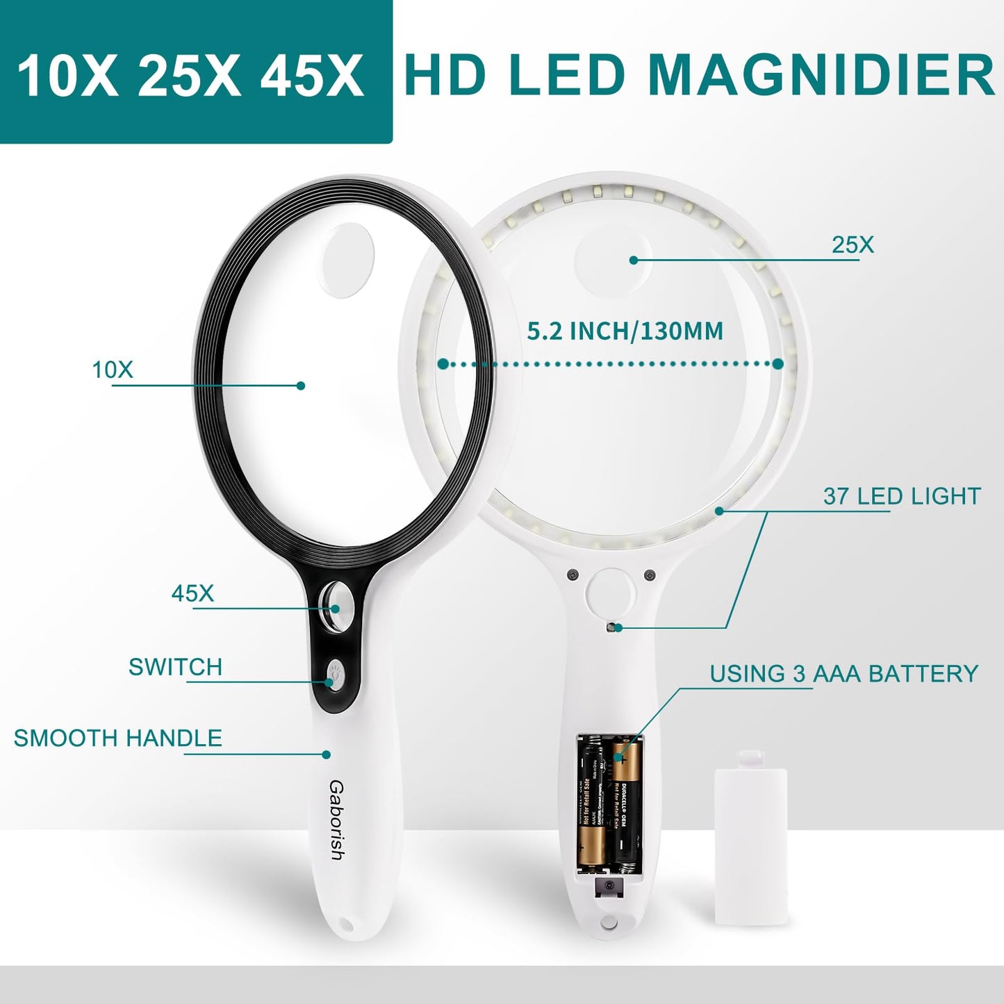 Large magnifying glass with 37 LED light and storage case, 10X 20X 45X reading magnifier handheld magnifier with 3 light modes, storage pouch, cleaning cloth for seniors, reading coins, inspection, hobbies.