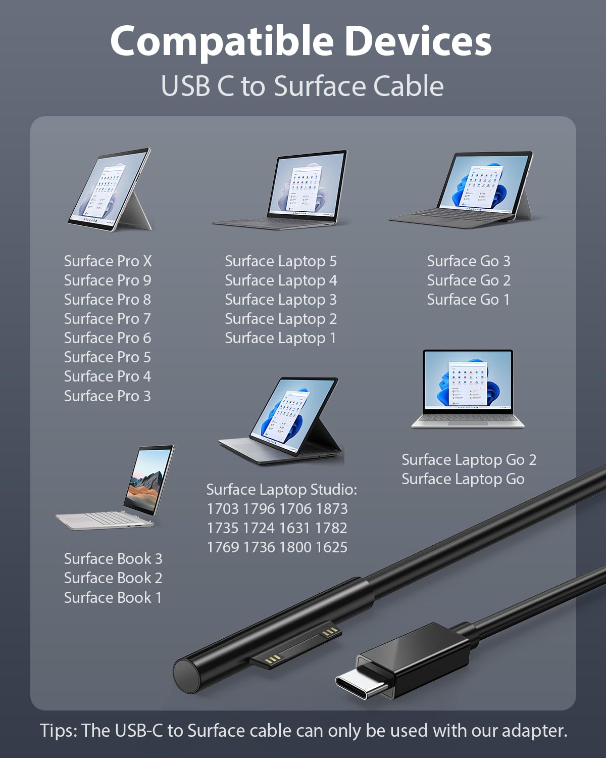 65W USB C charger with Surface charging cable compatible with Surface Pro 9/8/7/6/5/4/3/2017 Surface Go/Laptop/Book 2-port Surface charger