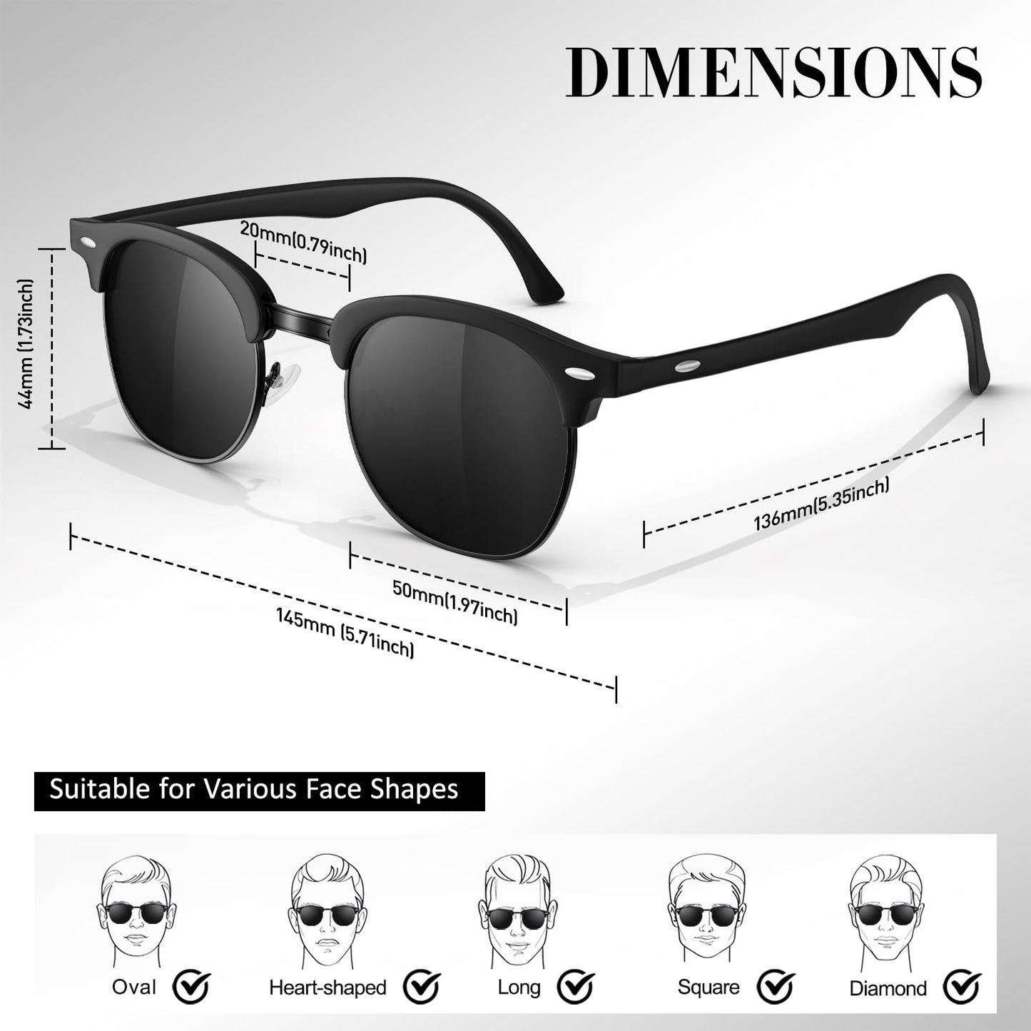 LINVO Polarized Sunglasses Men Women Retro Classic Half Frame 100% UV400 for Travel, Driving, and Fishing.