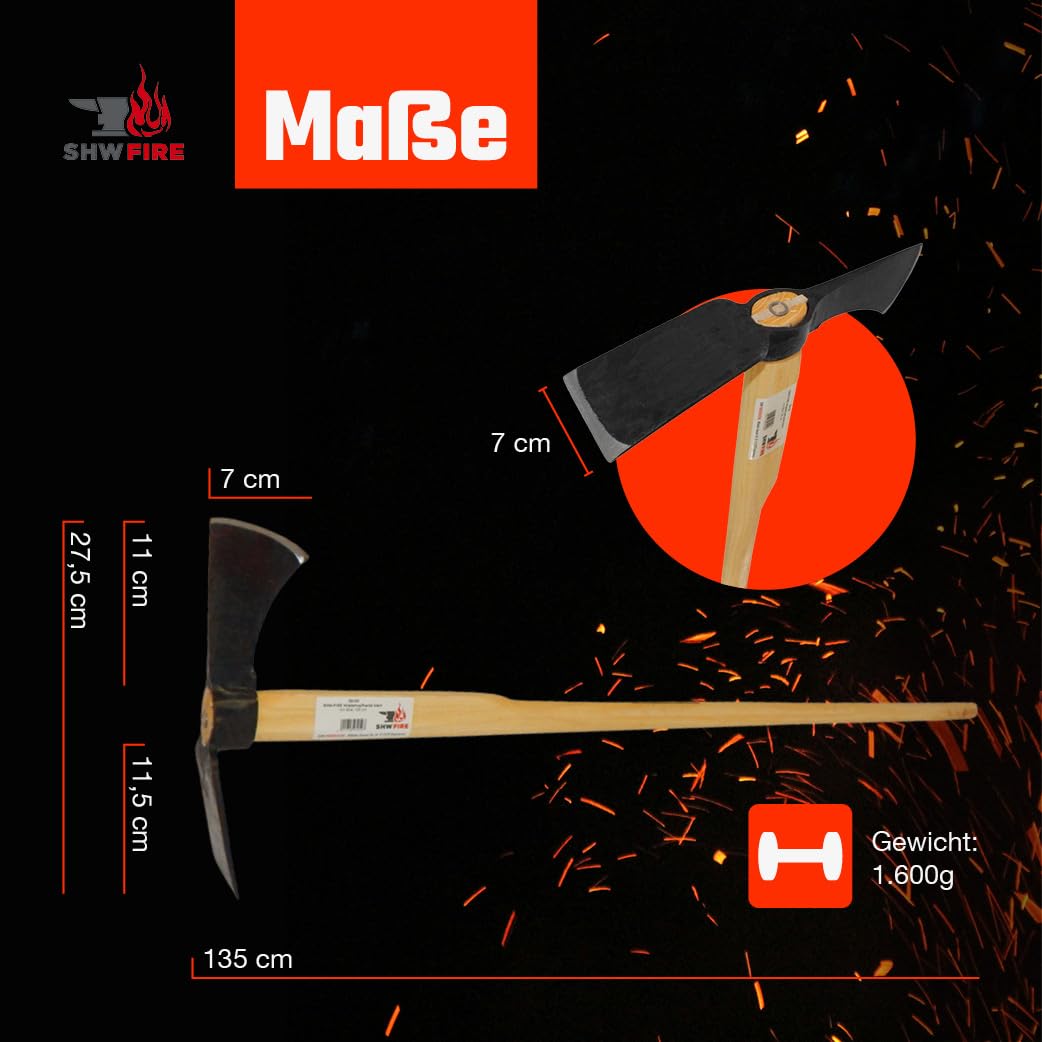 SHW-FIRE | Small woodpecker hoe with wide blade, hand-forged special steel, 135 cm ash wood handle, garden hoe as garden tool & root remover - Hoe with handle | Made in Germany