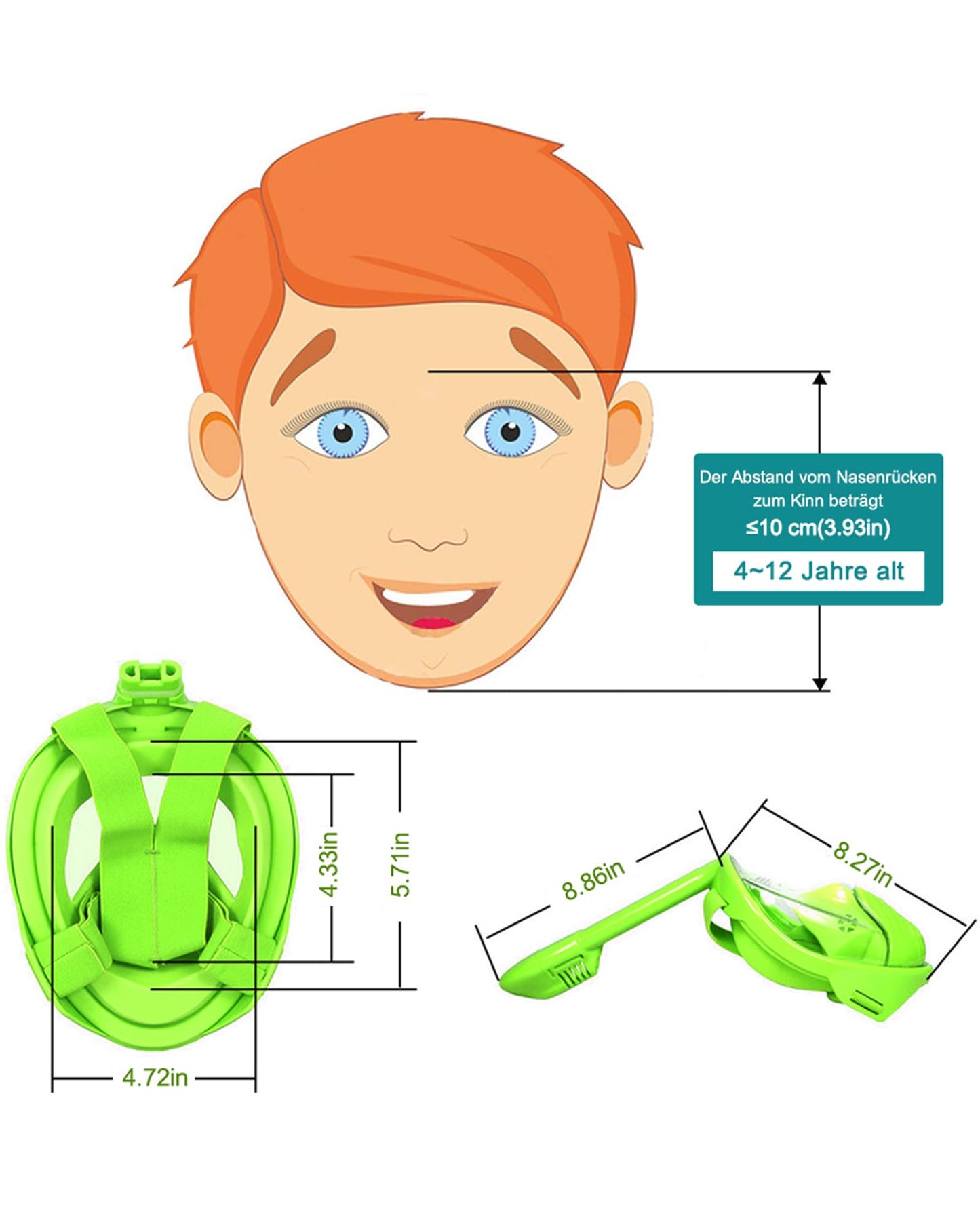 HINATAA Kids Snorkel Mask, 180° Panoramic View, Easy Breathing, Full Face Snorkel Mask, Anti-Fog and Leak-Proof, Suitable for Kids aged 4-15 (Green)