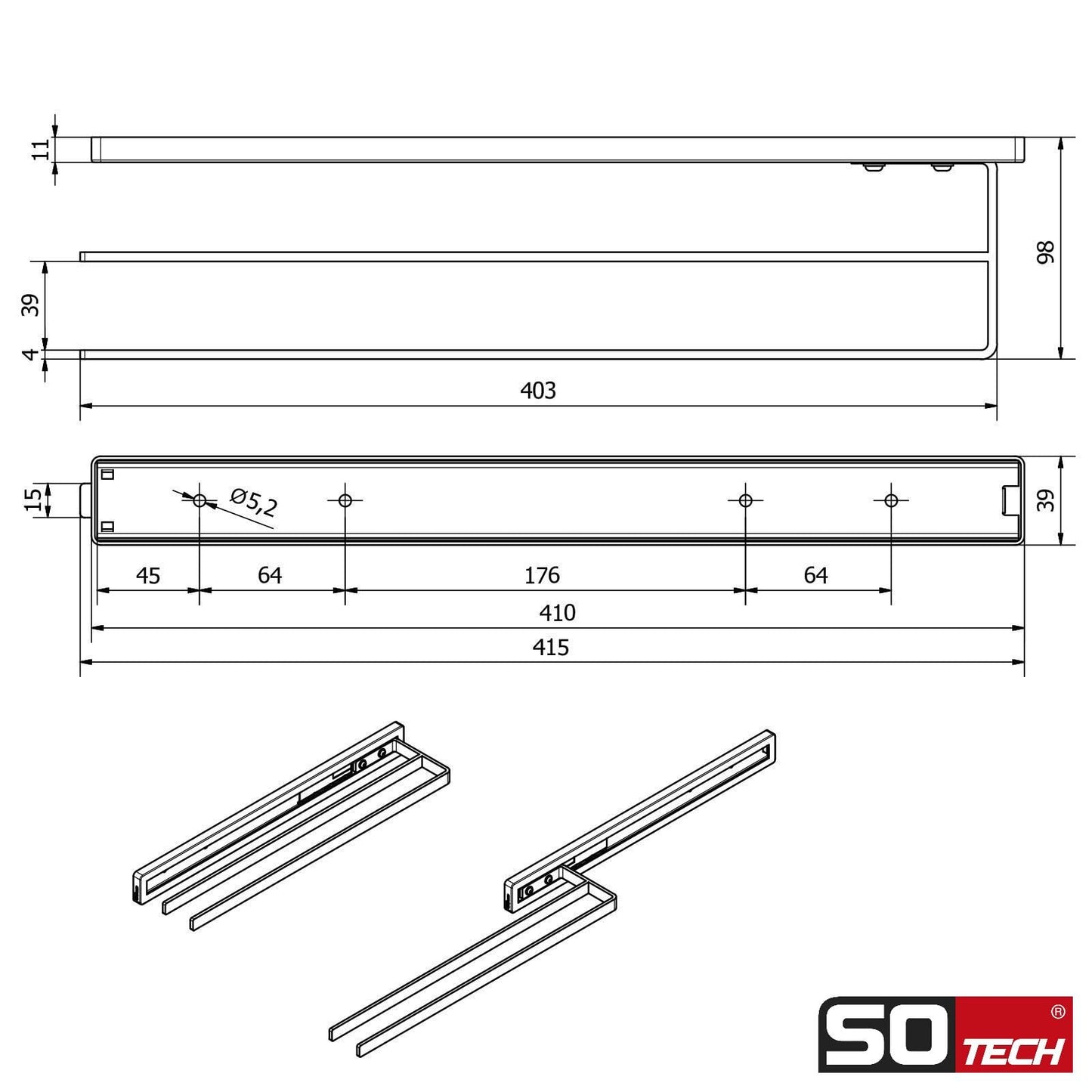 SOTECH towel pull-out Style 2-armed black 415 mm extension length 300 mm towel holder for side mounting on washbasin in bathroom and kitchen.