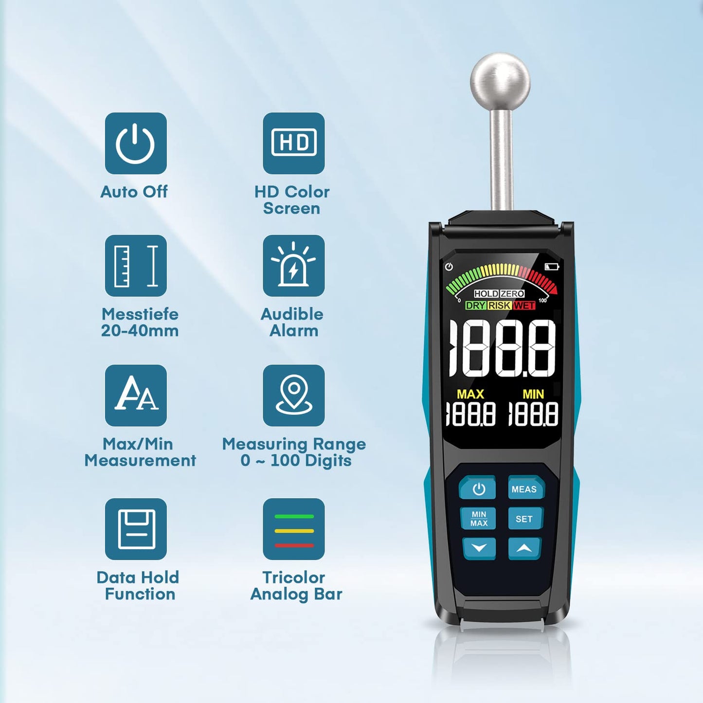 Moisture meter, DURFICST 3-inch HD color large-screen moisture meter with fabric bag, 20-40mm depth analysis moisture meter, for all building materials, wood, walls, plaster, masonry