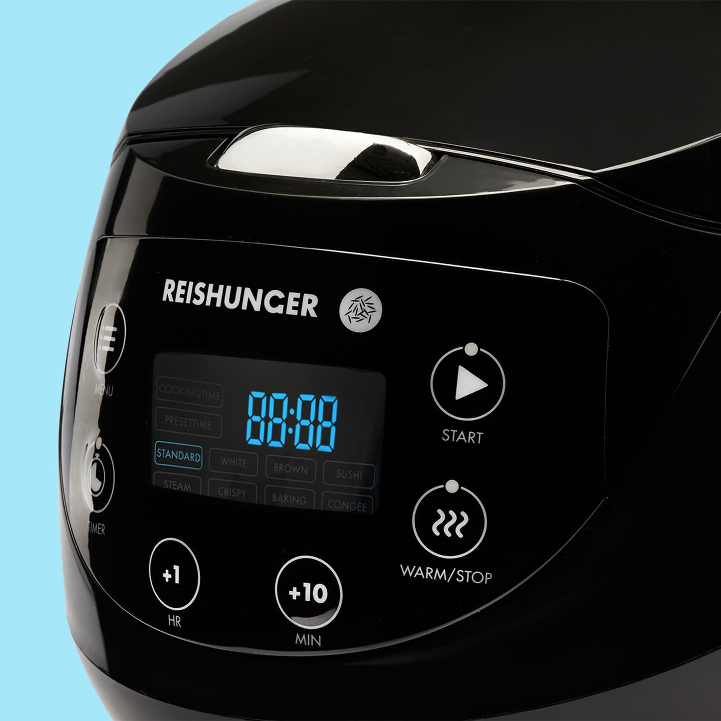 REISHUNGER Digital Rice Cooker small, black | 0.6 L for 3 people | Keep warm function, timer & premium pot | Small multi-cooker & steamer, 8 programs, 7-phase technology