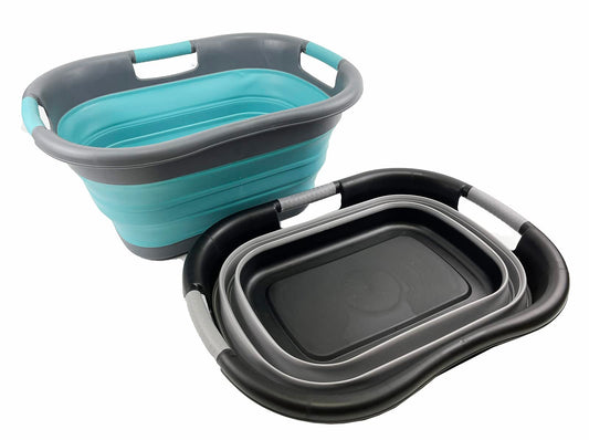 SAMMART Plastic Foldable Laundry Basket, 30L, collapsible, pop-up storage container/organizer, portable laundry tub, space-saving laundry basket/bin (Alloy Gray + Crystal Blue)