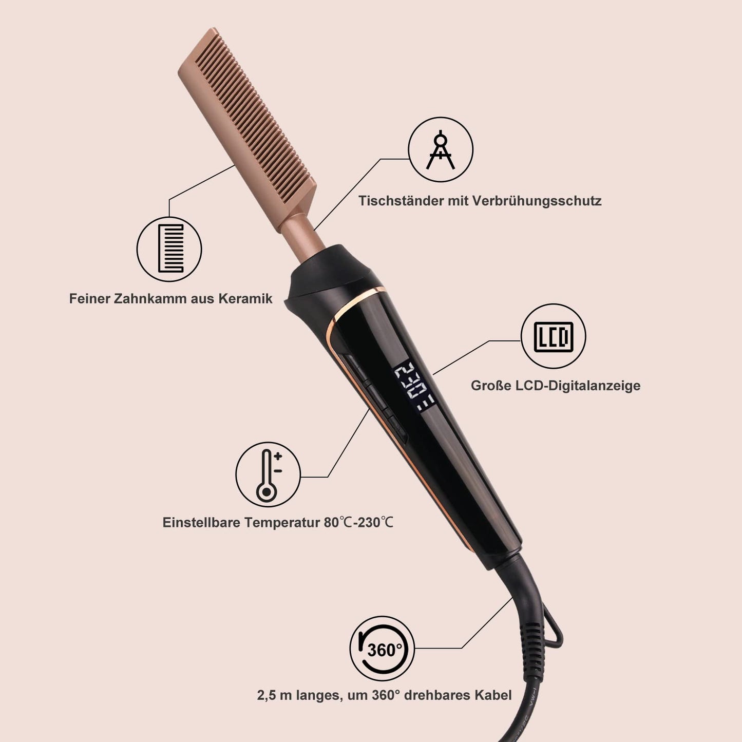 80°C-230°C Hot Comb for Afro hair/Lace wigs/Beard, janelove Ceramic Straightening Comb with HD LCD Display, Quick Heating Hair Straightener Brush/Beard Straightening Comb for Men
