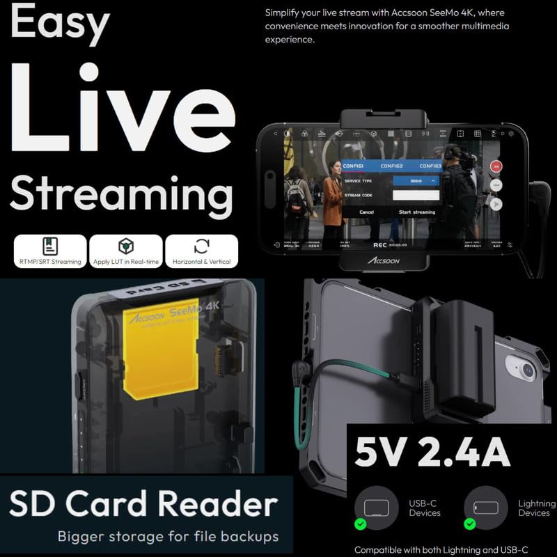 Accsoon SeeMo 4K Video Transmitter Monitoring Adapter streams 4K HDMI video to iOS devices like iPad/iPhone/cameras for monitoring/recording/live streaming. (Black)