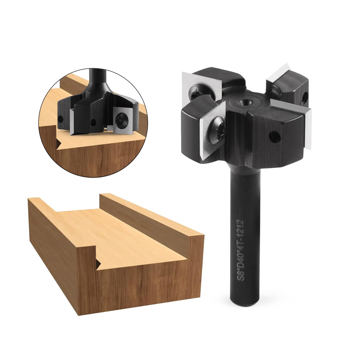 8mm shank 4 flute planer cutter with 10 interchangeable carbide inserts(12x12x1.5mm), diameter 40mm, CNC panel cutter cleaning cutter for router woodworking(D=40 S=8)