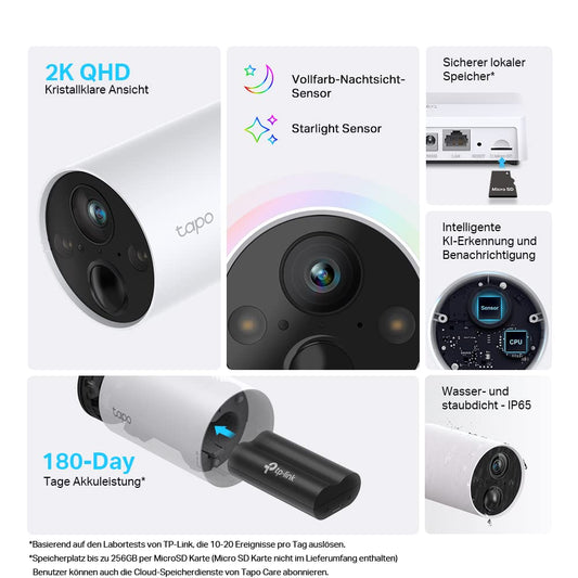 Tapo C420S2 Outdoor Security Camera, 2K resolution, 5200mAh rechargeable battery, full-color night vision, intelligent identification, microSD card and cloud storage, 2-camera set.