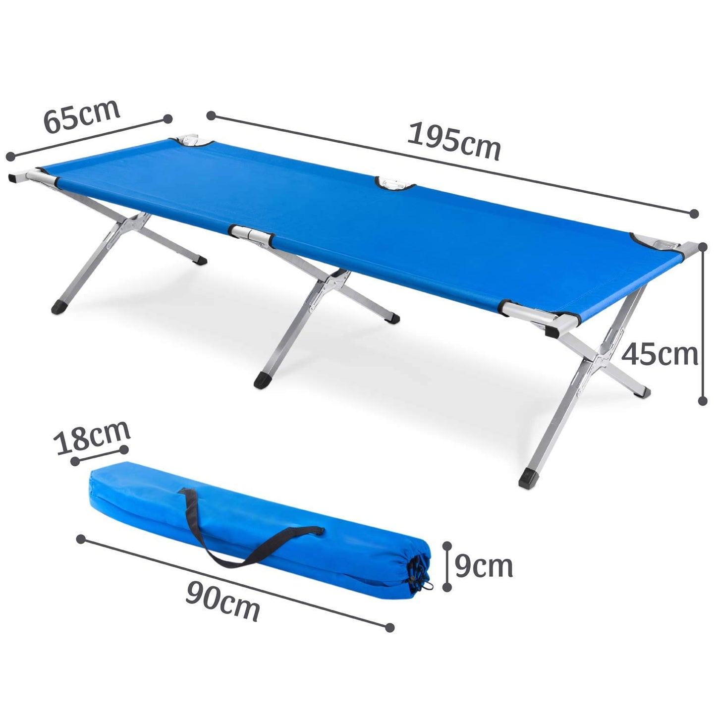 Foldable aluminum army field bed - folding camping bed & guest bed (Blue)