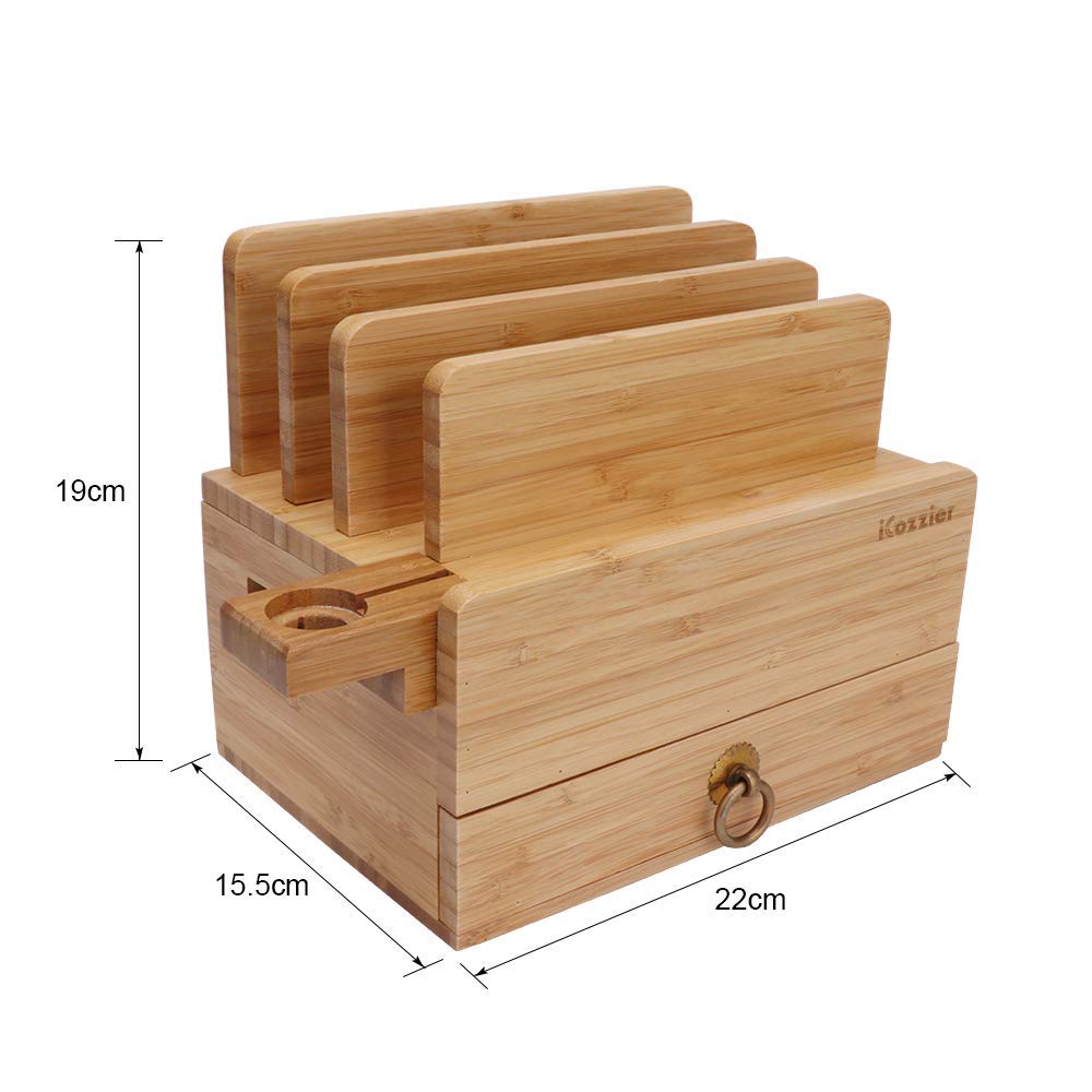 iCozzier 4 Slot Detachable Bamboo Watch Stand With Drawer Charging Station for Multiple Devices Dock for iWatch, Smartphones, Tablets, Laptops