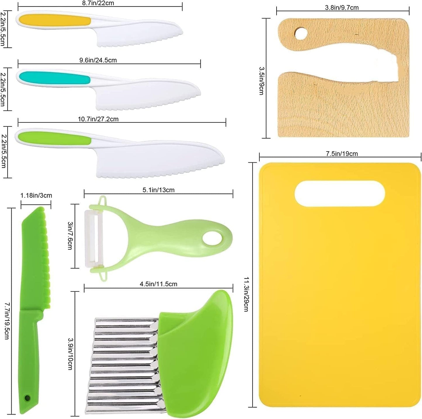 Leking 8-Pcs Wooden Children's Kitchen Knife, Plastic Children's Knife Set includes Wooden Child Safe Knife, Serrated Edge Plastic Knife, Potato Cutter, Sandwich Cutter, Y Peeler, Cutting Board