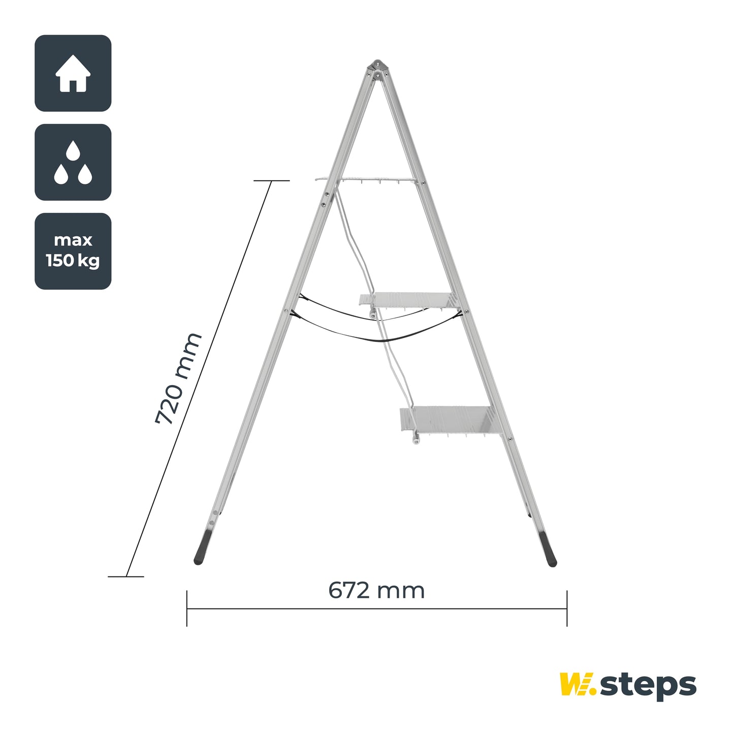 Aluminum folding step ladder Vikingstep Maxi by W.Steps 720mm high Load capacity up to 150kg Compact 2-step aluminum folding step ladder Only 35mm wide 728143