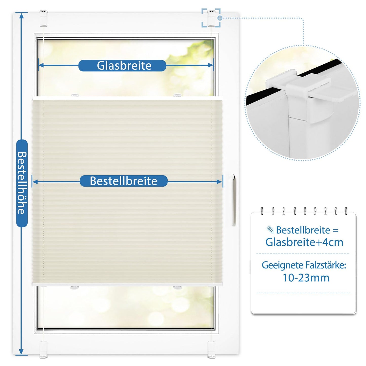 Home Plisse without drilling clampfix B55 x H120 cm Beige, pleated blinds for windows and doors, Easyfix pleated roller blind with clamp bracket sun protection and privacy translucent roller