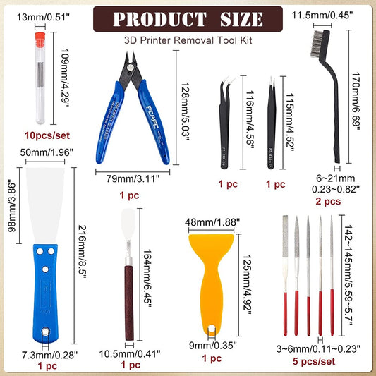 OLYCRAFT 23-piece 3D printer nozzle cleaning and removal tool set includes spatula knives, wire brush, scraper knives, diamond files, and tweezers for 3D printer cleaning.