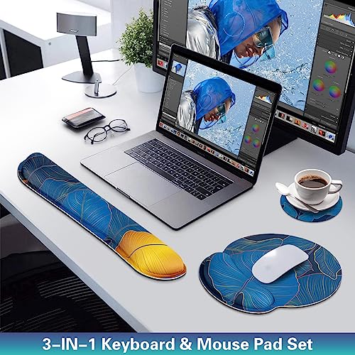 Acezeek 3-in-1 mousepad set with keyboard wrist rest, gel wrist support, cup pad. Ergonomic design with memory foam provides wrist pain relief. Ideal for gaming, office, dorm rooms.