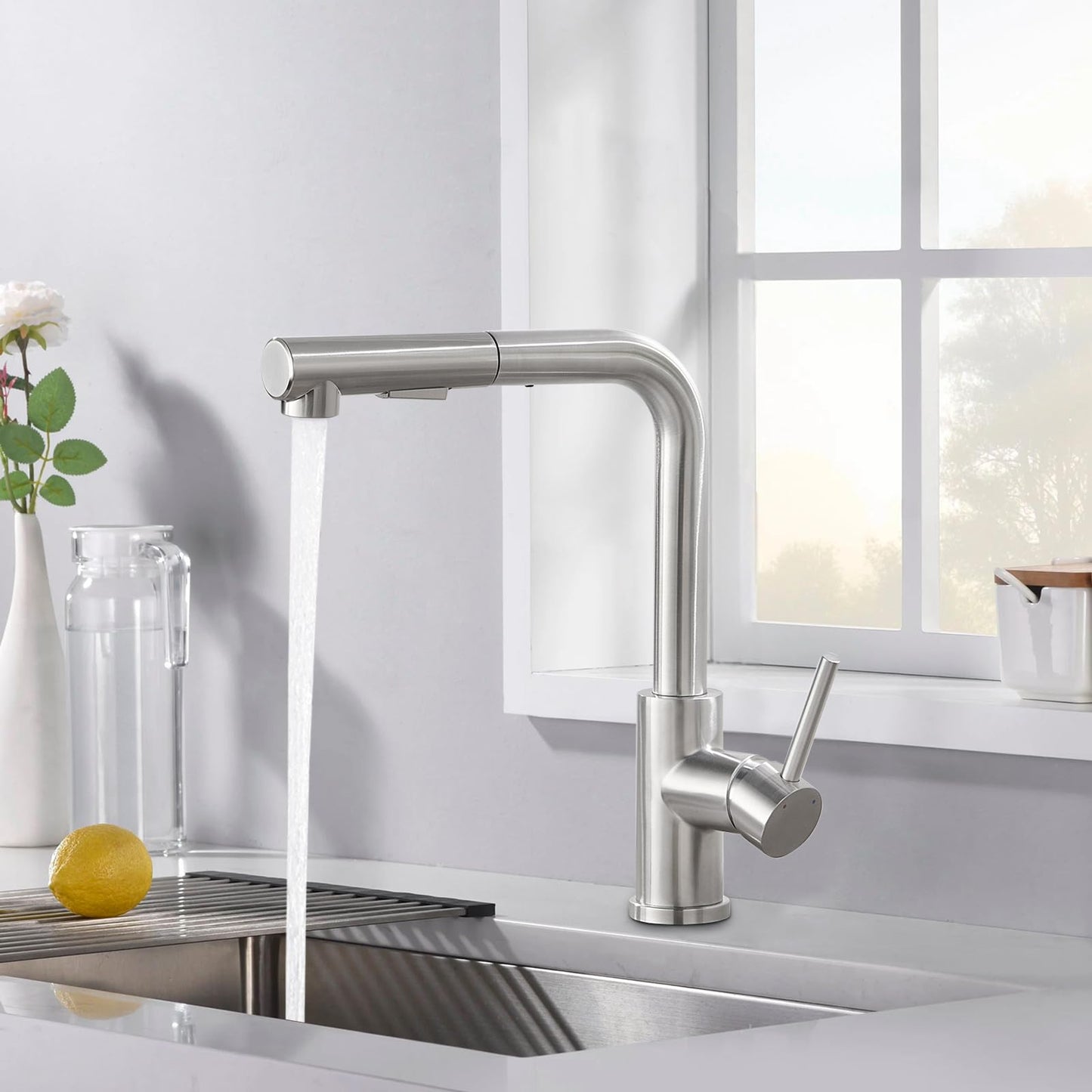Kitchen Faucet Pull-Out, BONADE Kitchen Faucet with Sprayer, Kitchen Mixer Tap 360° Rotatable, Kitchen Faucet 2 Spray, Single Lever Sink Mixer Made of Brushed Stainless Steel