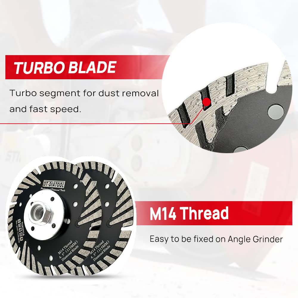 DT-DIATOOL Diamond Cutting Disc 2 pieces 115mm x M14 Turbo Blade with Protective Teeth for Cutting Grinding Granite Marble Concrete Tiles