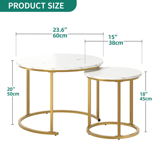 YITAHOME 2-piece Round Coffee Table Set, Modern Living Room Table, Stackable, with Storage Space, Wood Top, Metal Frame, Side Table, Cocktail Tea Center Table for Living Room, Home Office, White