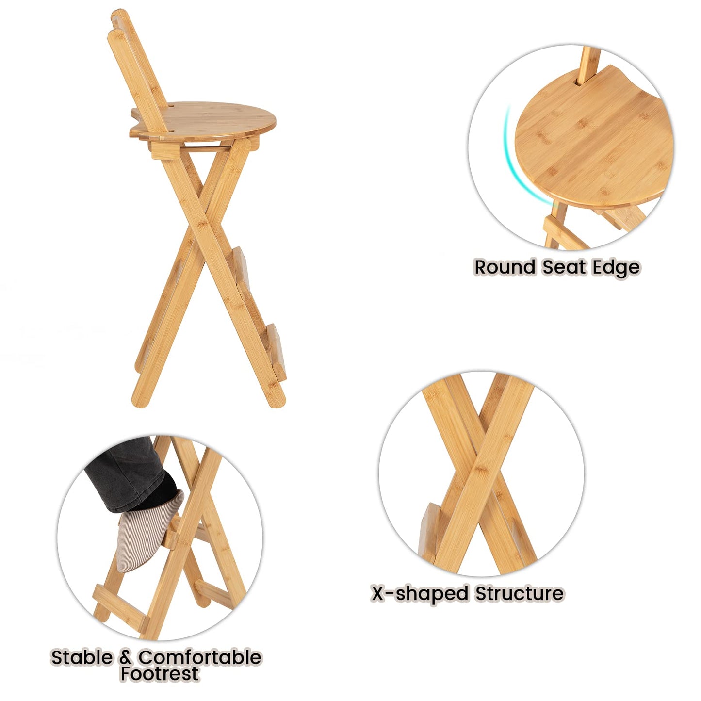 LIFEZEAL folding bar stools, set of 2 bamboo bar chairs, kitchen counter stools with backrest & footrest, folding bistro stools with heart-shaped seat, perfect for bars & kitchens, natural color.