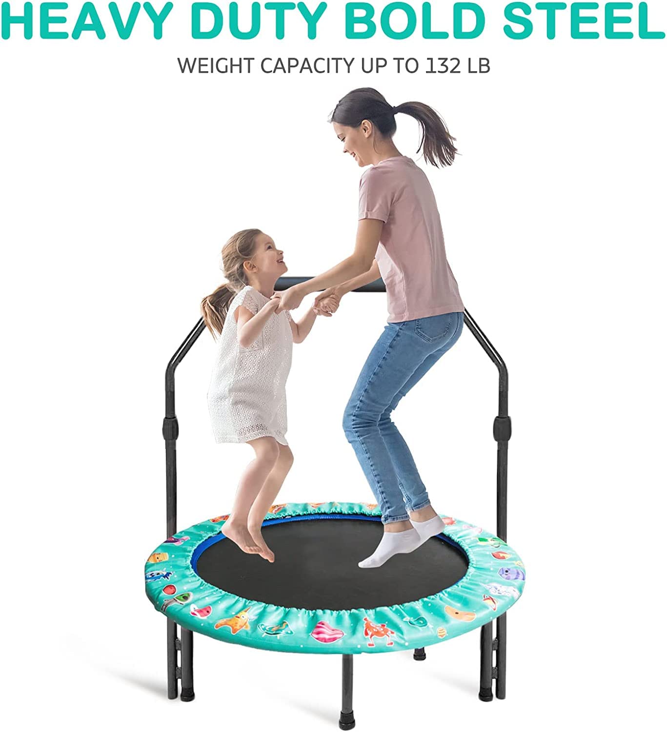 Kids trampoline, Ø approx 92cm Mini trampoline Foldable with detachable and adjustable handle, safe padding, garden trampoline indoor outdoor for children aged 3+ (Green)