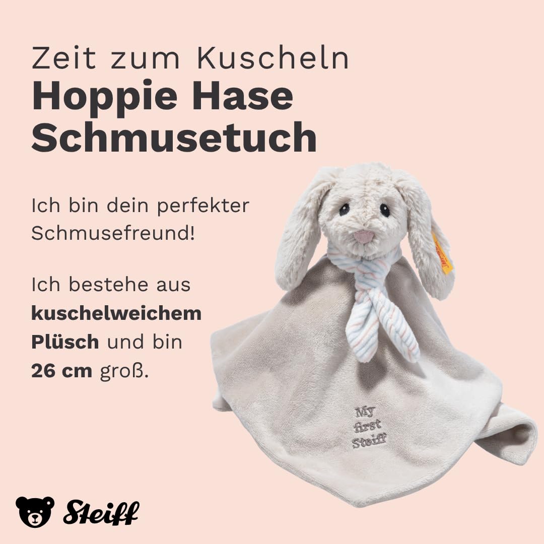 Steiff cuddly toy Hoppie Hare snuggle blanket, Cute stuffed animal, Boys, Girls & babies from 0 months, Friends, 26 cm, Light grey, 242250