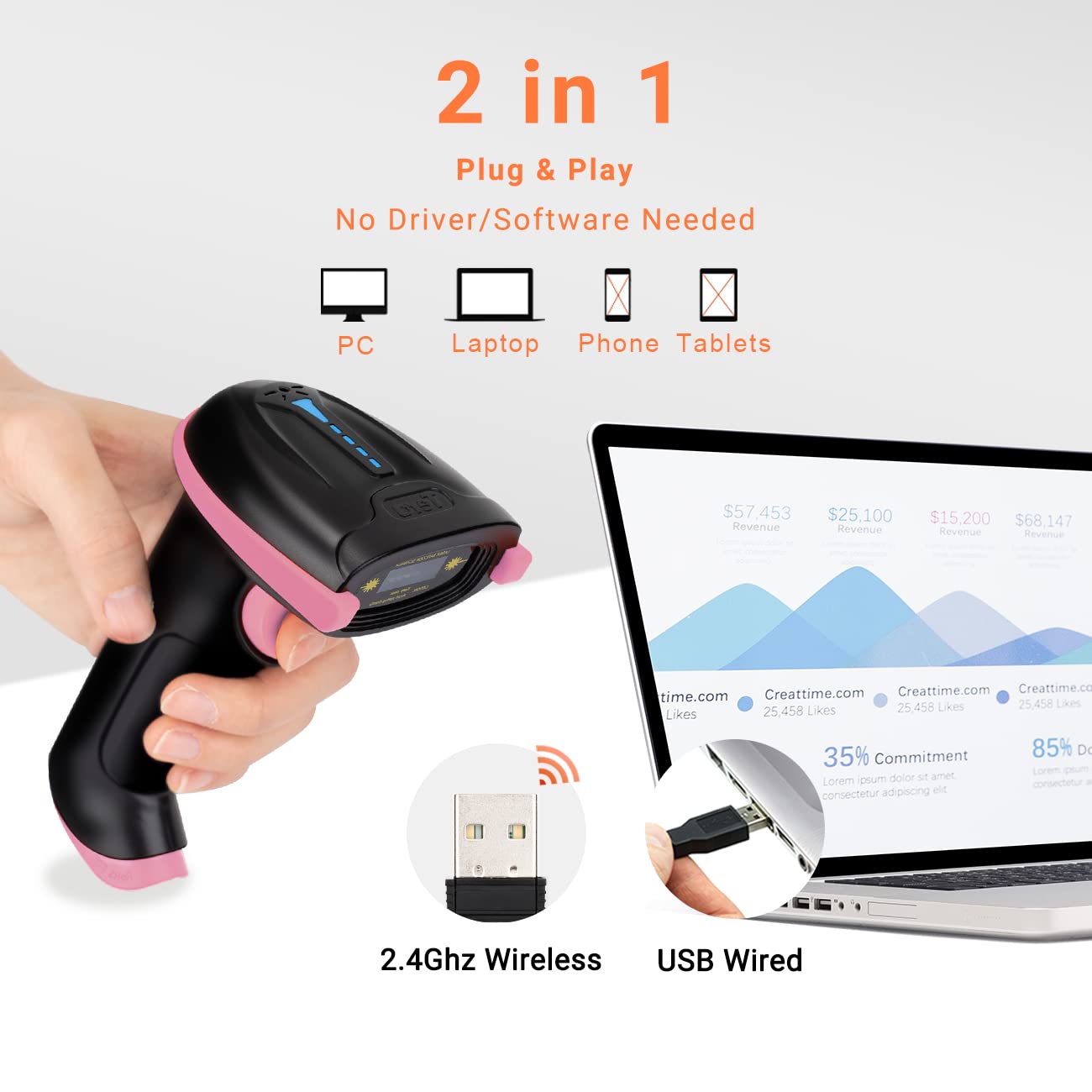 Tera Wireless Barcode Scanner Handheld 1D Laser Wireless and USB Wired with Battery Level Indicator, Extra Large 2200mAh Battery and Ergonomic Design, Patent No.: EU008489413, Upgrade Model 5100 Pink