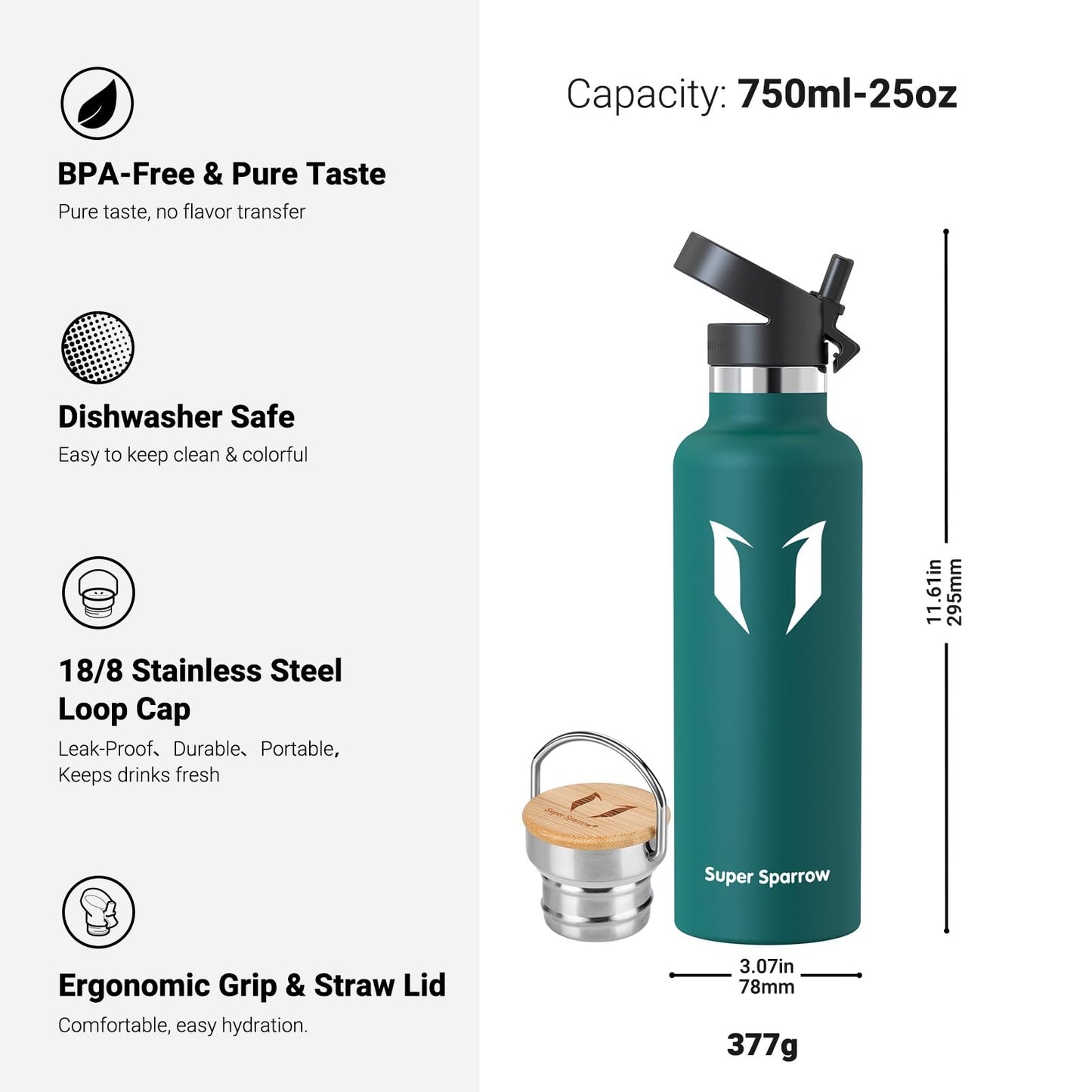 Super Sparrow stainless steel water bottle - 750ml - insulated bottle Perfect thermos for running, fitness, yoga, outdoor and camping | BPA free