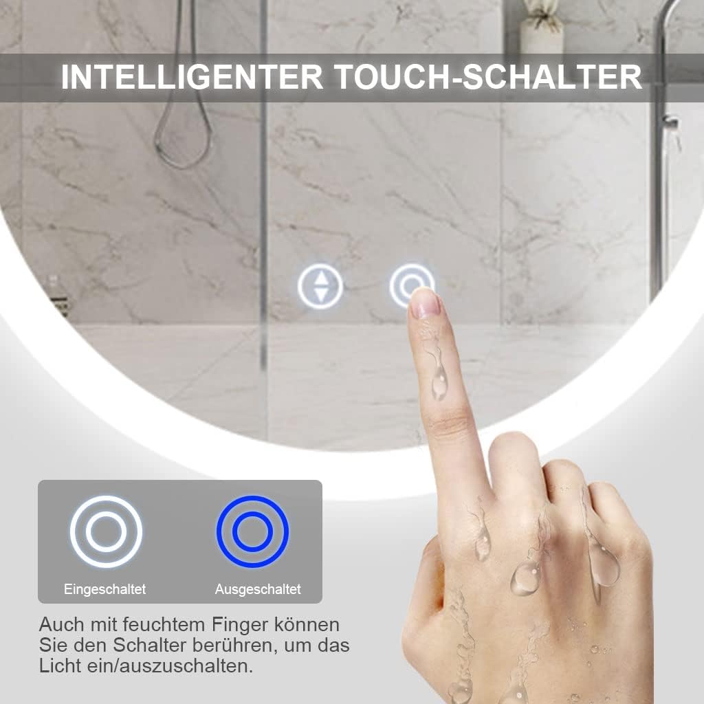 YOLEO bathroom mirror with lighting oval, dimmable 70x50cm, fog-free wall mirror with touch switch, 3 light colors, 6500K.