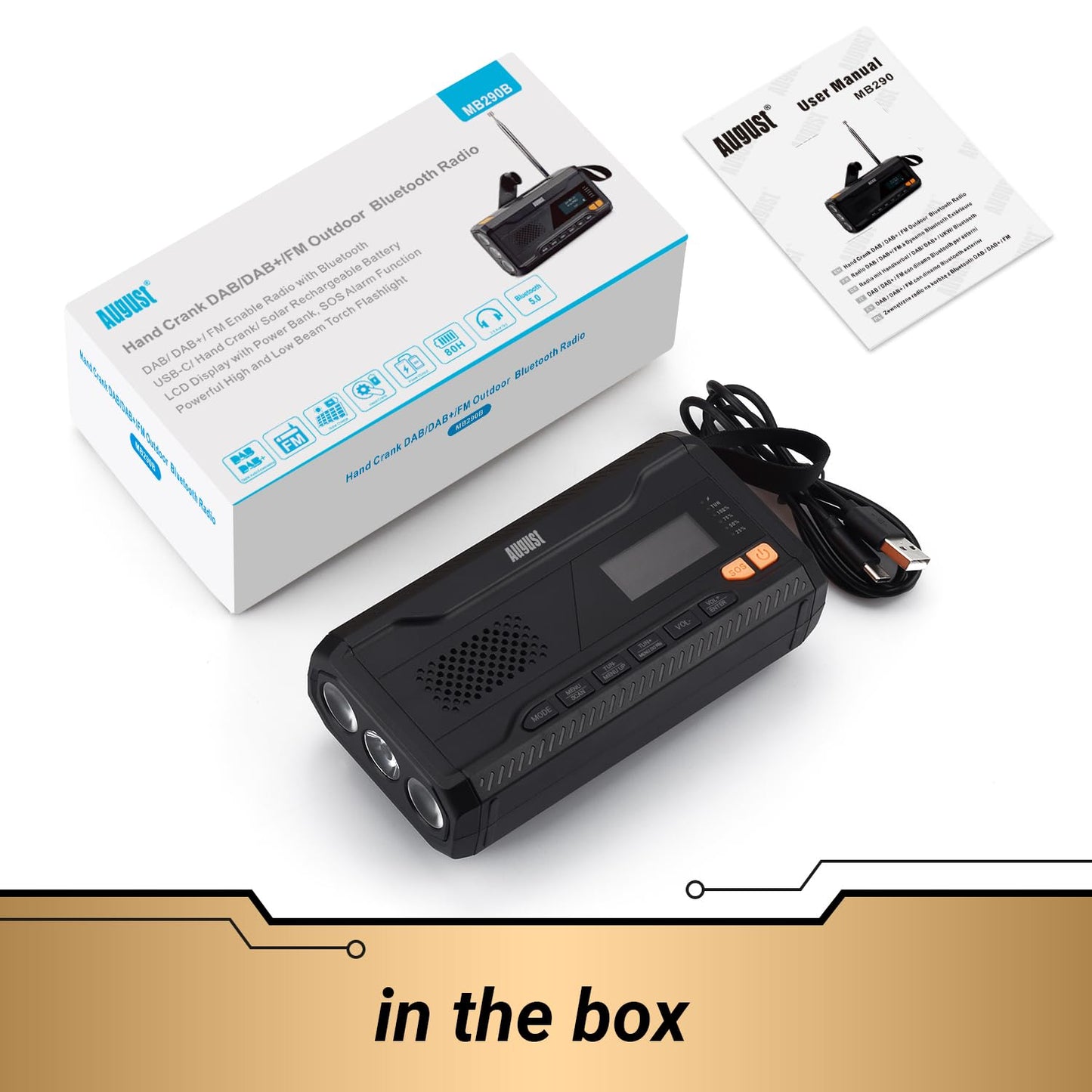 August MB290B Crank Radio DAB/FM/Bluetooth - Solar Radio 4500mAh Rechargeable Power Bank, 3 Modes LED Flashlight Sleep Timer SOS Alarm 3.5mm Emergency Radio with Hand Crank for Camping Hiking Camping.
