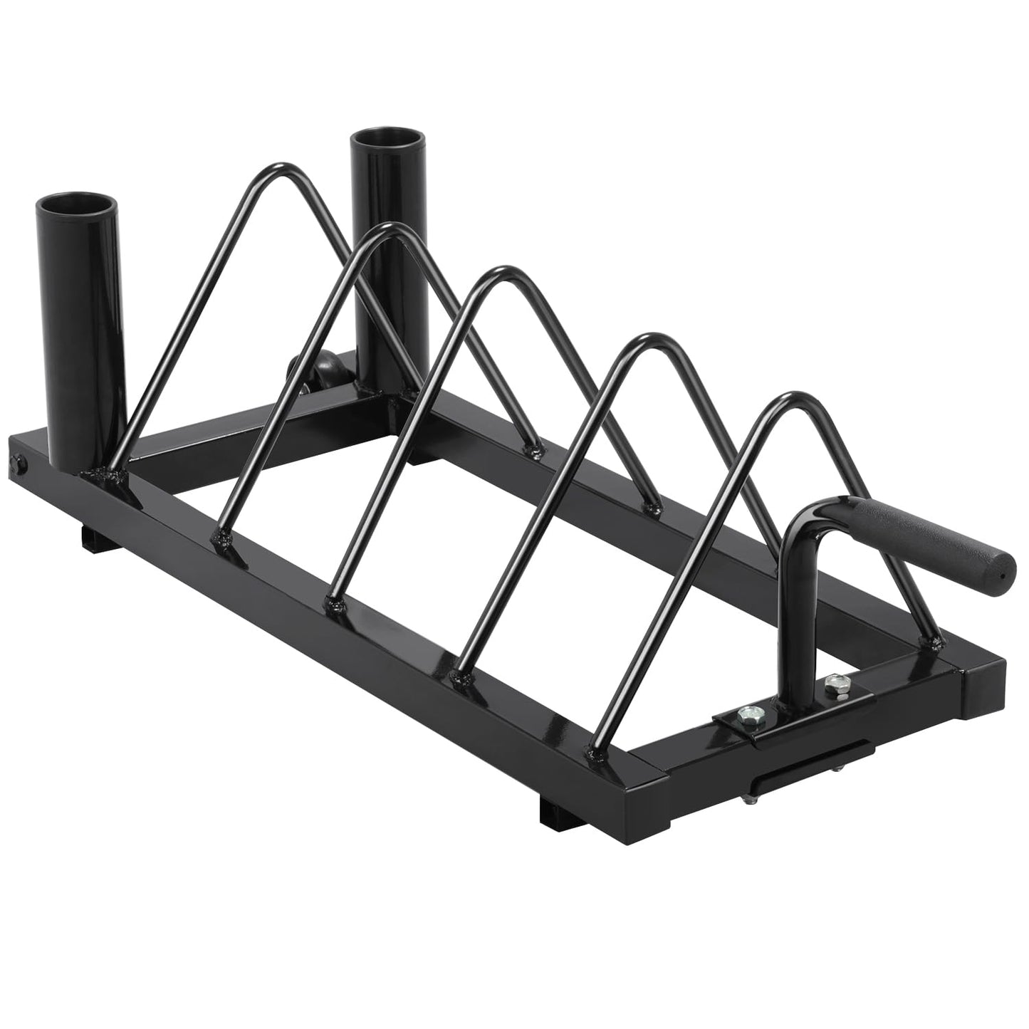 Yaheetech weight plate storage rack with 4 slots and 2 barbell holders on wheels. Supports up to 300 lbs of weight.