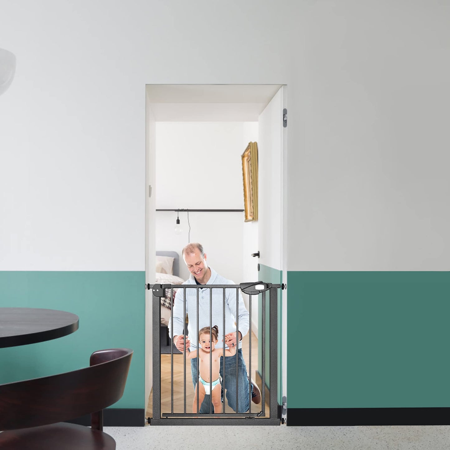 JOIEYOU stair gate without drilling, 75-85 cm door gate for stairs for children and pets, one-handed opening, black