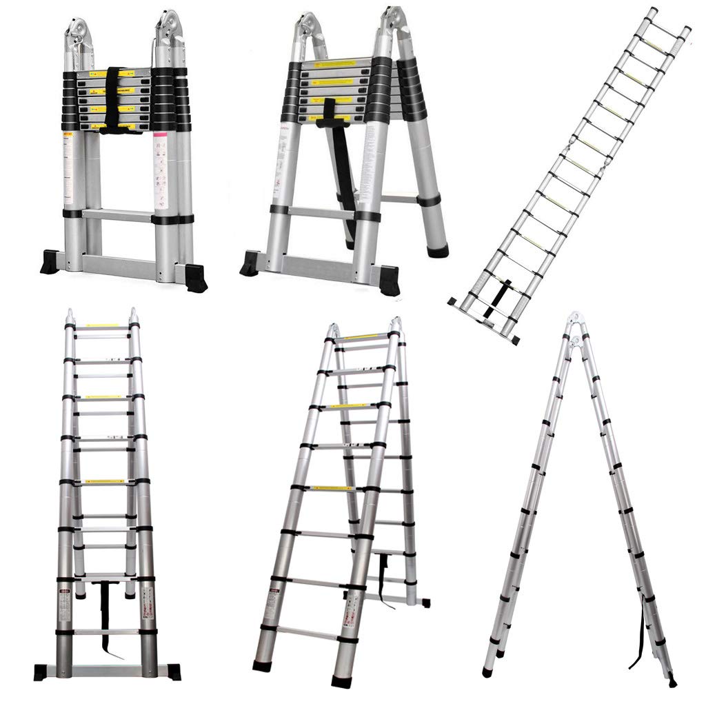 5M telescopic ladder Aluminum ladder Extendable folding ladder 2.5M + 2.5M Telescopic ladder with stabilizer, High multi-purpose ladder, 150 kg capacity