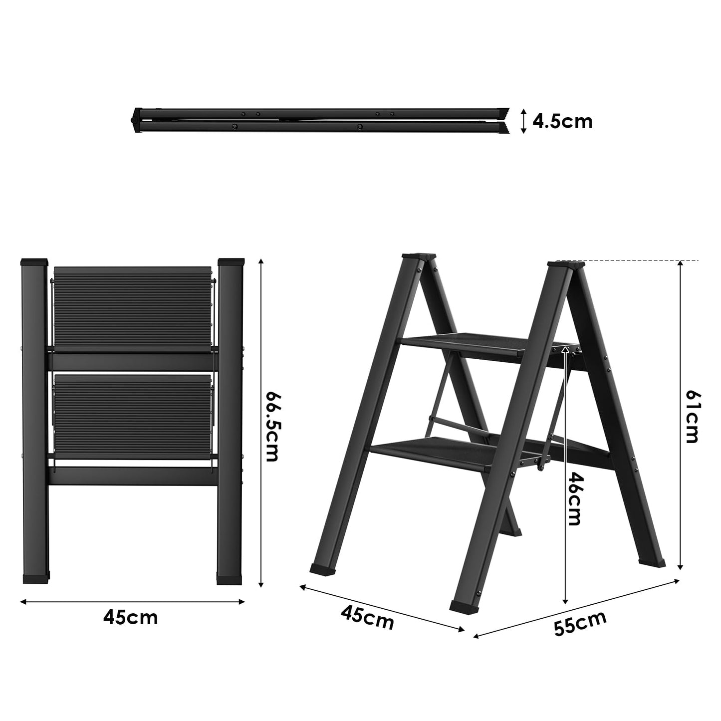 TLGREEN Aluminum Step Ladder 2-Step Folding Ladder Slip-Resistant Step Stool Household Multifunctional Step Stool Easy to Store up to 150kg Capacity for Kitchen Household Outdoor Office Black