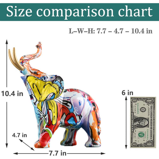 26.4 cm tall, creative graffiti elephant figures, made of resin, colorful elephant statues, home decoration, suitable for filling space in living room, bedroom, office