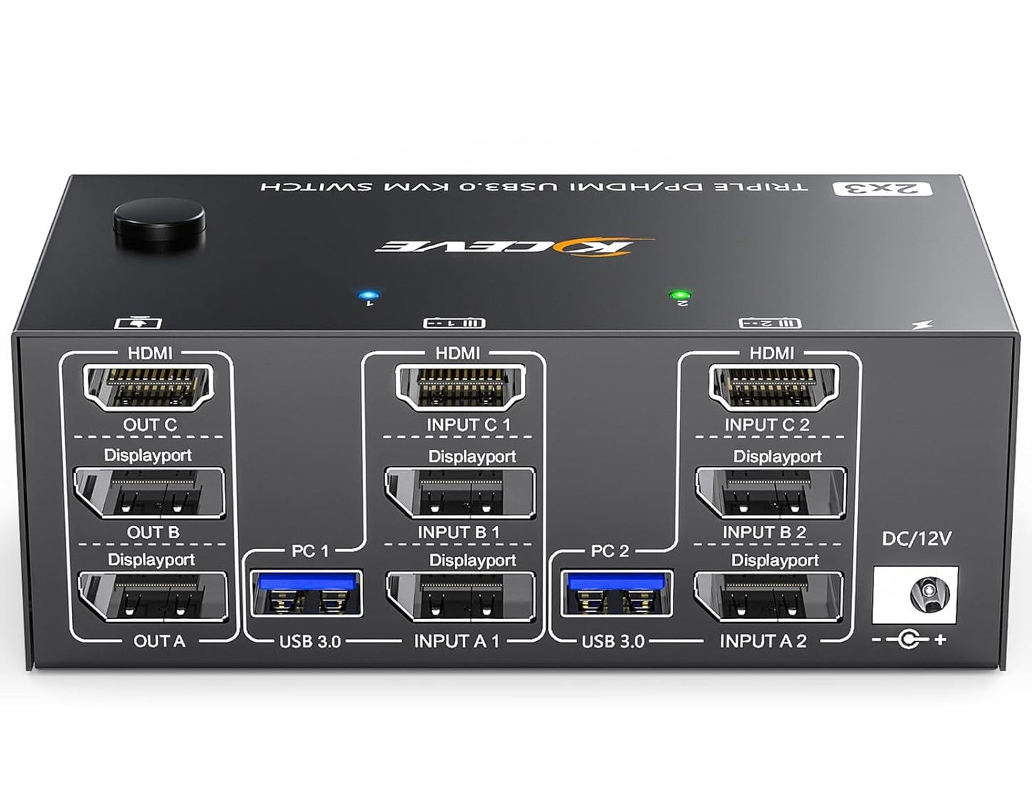 KVM Switch for 2 PCs, 3 monitors at 4K@144Hz and 8K@60Hz. Triple monitor KVM switch with HDMI+2 DisplayPort for sharing 3 monitors and 4 USB 3.0 devices between 2 computers. Includes cable remote and 12V DC power supply.