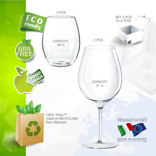 Doimoflair plastic wine glasses shatterproof wine cups drinking glasses cocktail glass plastic 51 cl. + 40 cl. Set of 4, transparent.