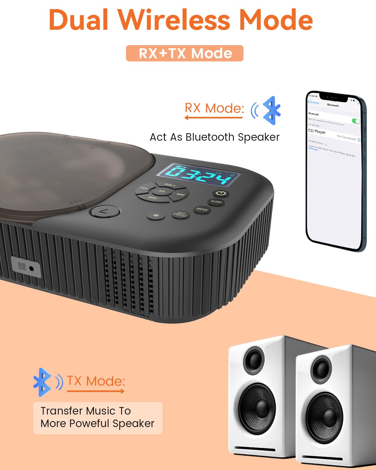 MONODEAL portable CD player with two stereo speakers, Bluetooth, and radio. Rechargeable Discman CD player, supports AUX/USB.