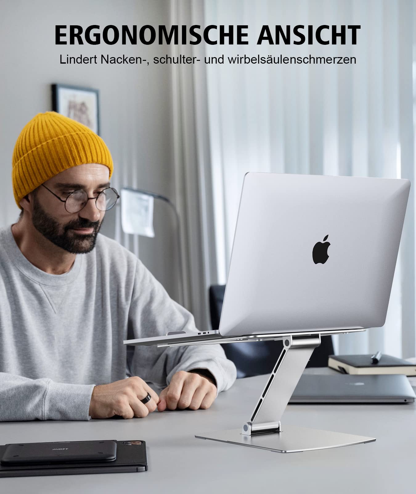 Adjustable height laptop stand, ergonomic, portable notebook stand for desk, foldable desk book stand aluminum, compatible with MacBook Air Pro (10-16 inches)