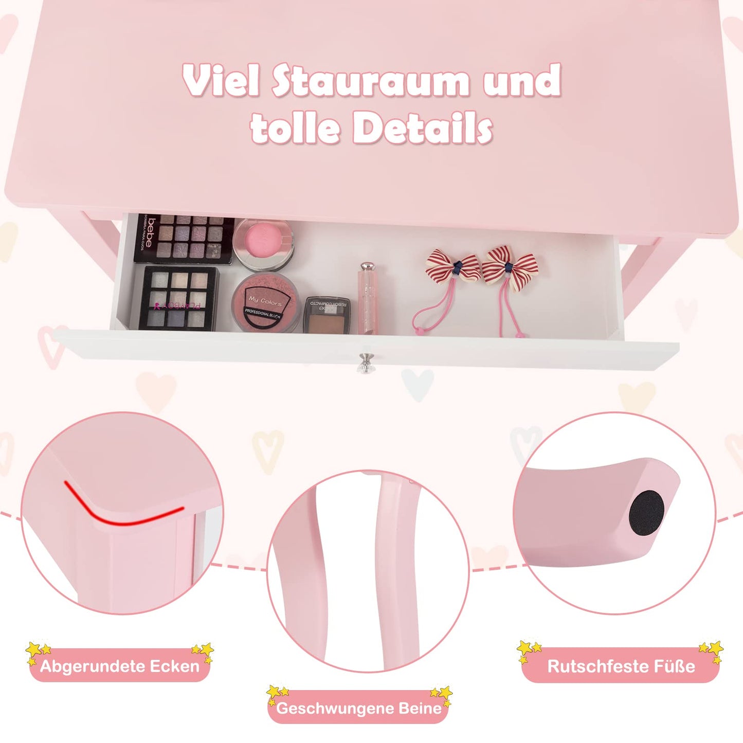 GOPLUS 2 in 1 Kids Vanity/Desk, Vanity Table & Chair, Makeup Table with Removable Triple Mirror & Drawer, Padded Stool, made of wood, in country style, for children's room (Pink)