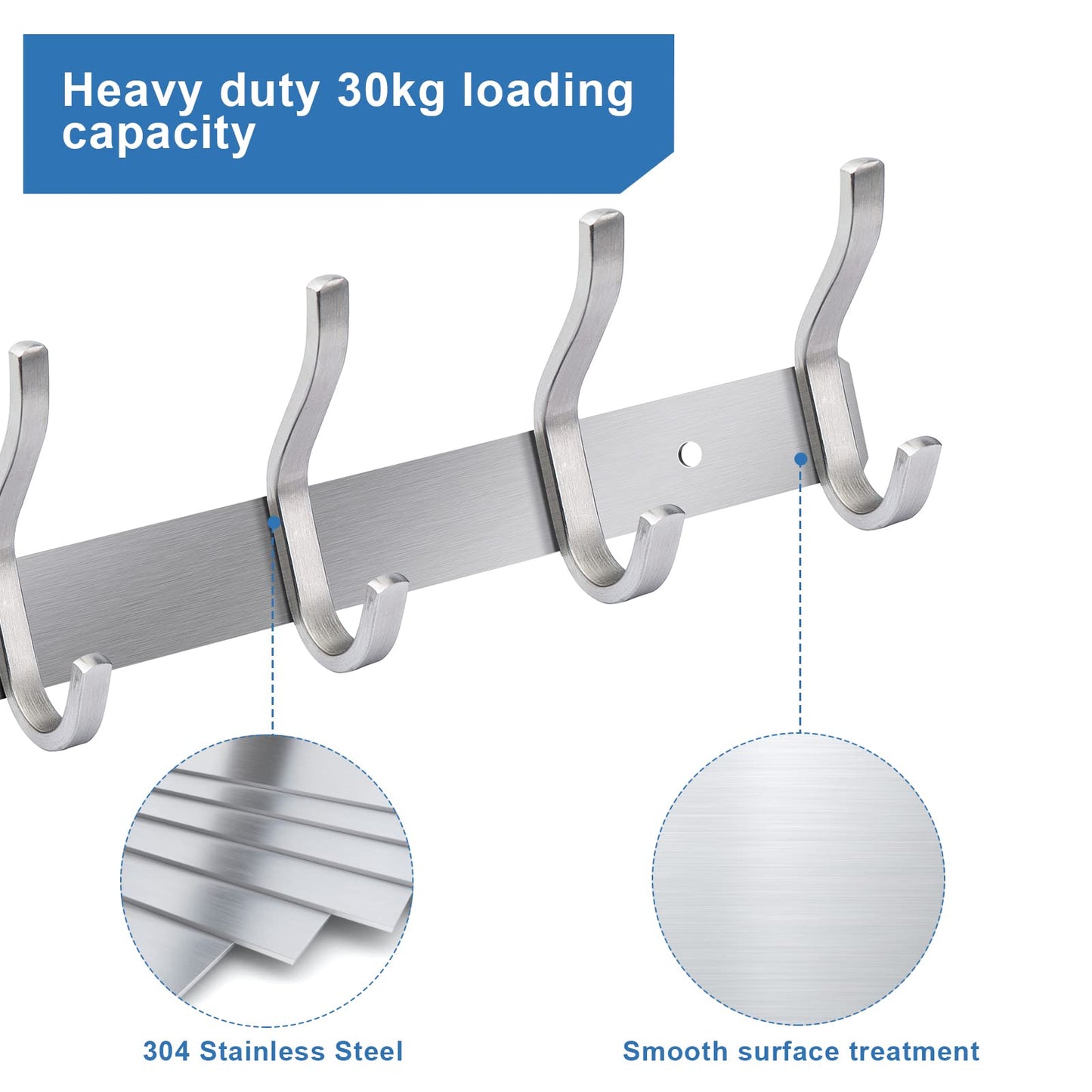 MEIJO stainless steel coat hooks, hook rail coat hooks wall with 6 hooks, wardrobe coat rack wall coat rack for bedroom bathroom kitchen (silver, 6 hooks 2 pieces)