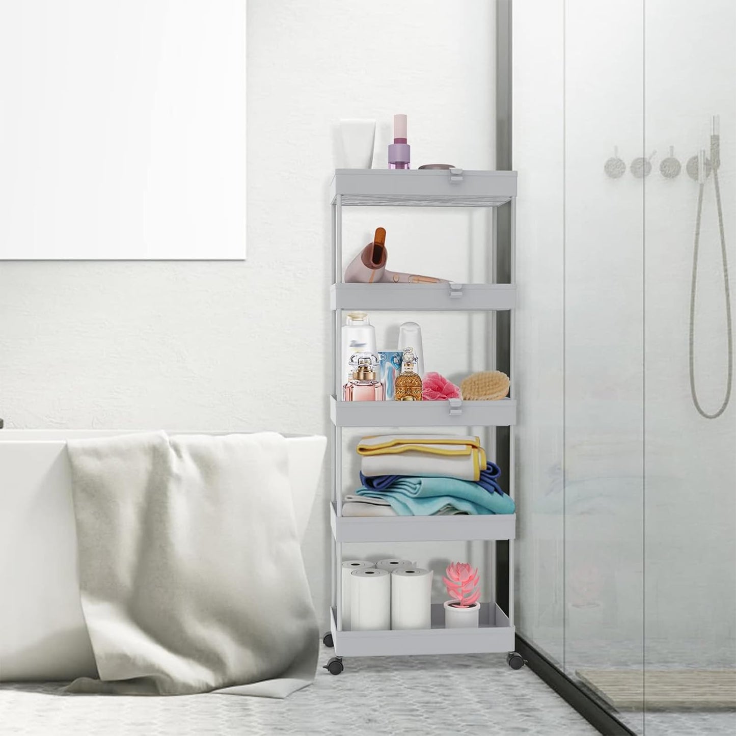 SPACEKEEPER 5-Tier Kitchen Cart, Rolling Storage Cart Shelving Unit on Wheels, Space-Saving Bathroom and Kitchen Shelf for Kitchen Office Bathroom, 113 x 40 x 22cm, Gray.