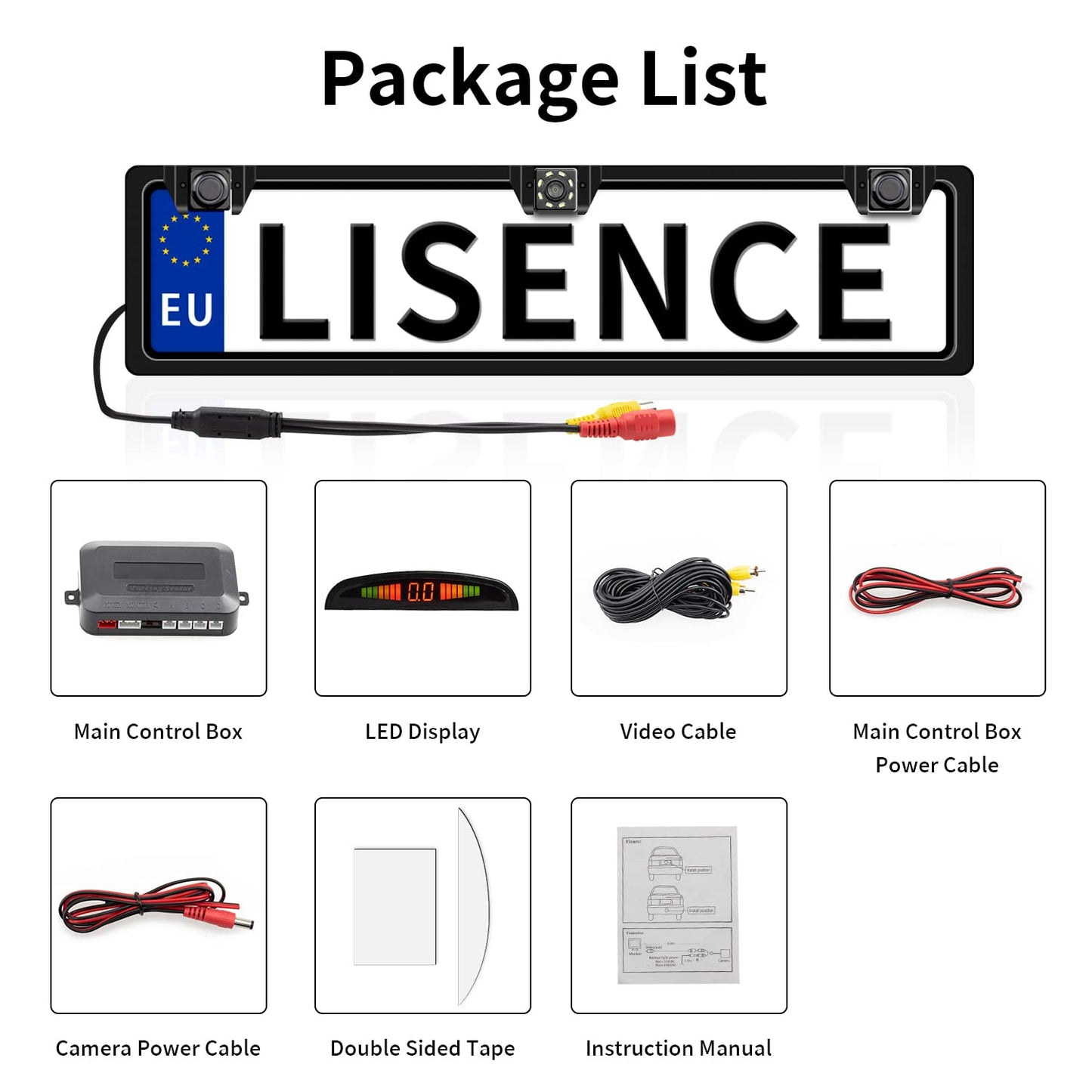 Rear view camera license plate holder with 2 parking sensors + LED distance display, 8 lights rear view camera, 170° wide angle, IP67 waterproof.