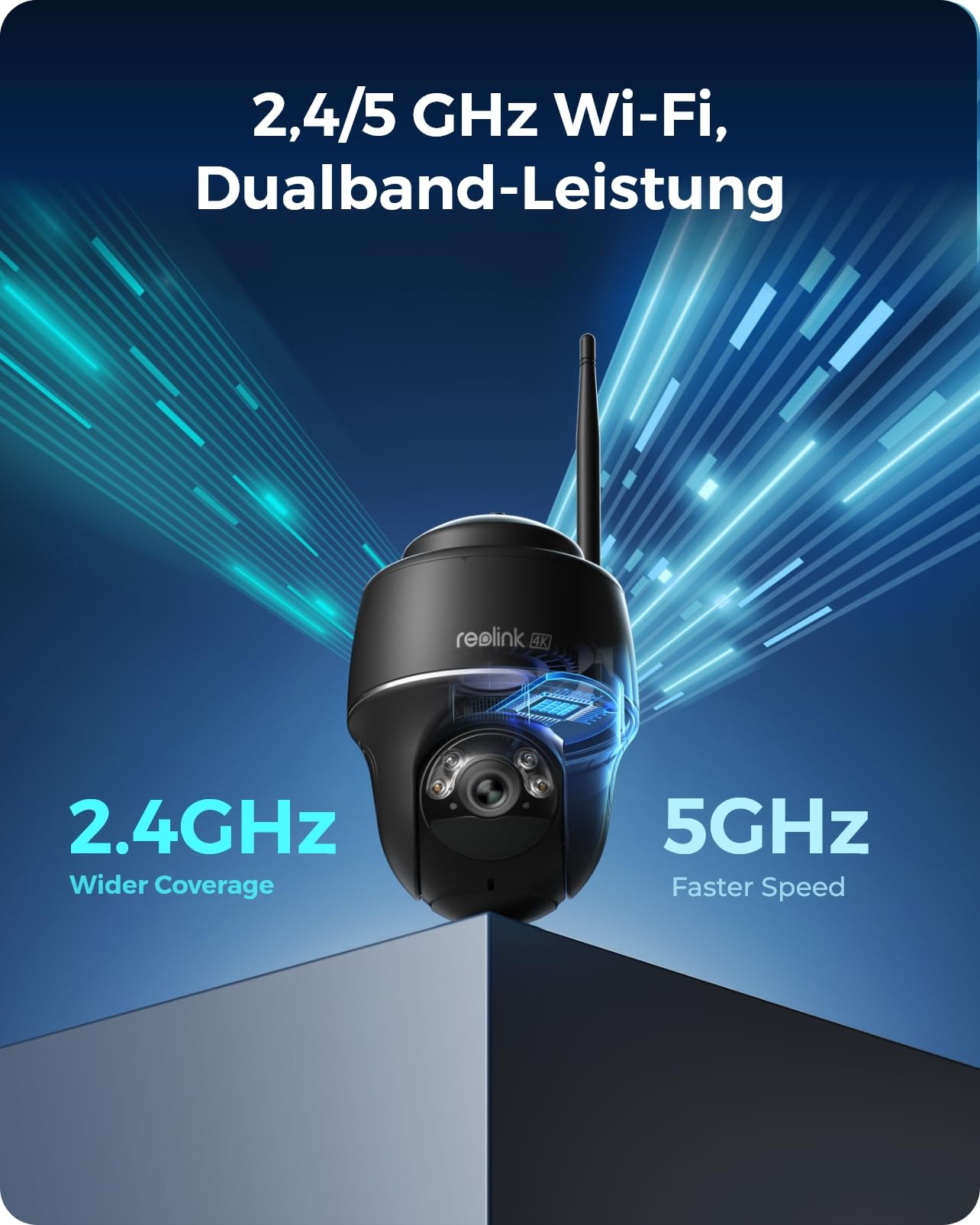 Reolink 4K outdoor surveillance camera with solar panel, 360°/140° pan/tilt, spotlight, color night vision, 2.4/5GHz WiFi, AI detection, Argus PT Ultra (Black) + solar panel.