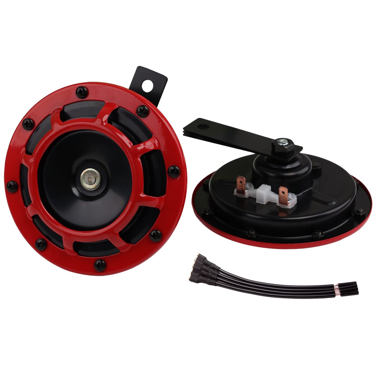 Car horn 12 volt high/low tone dual horn kit with red protective grille. Metal twin horns kit for car motorcycle, red set high/low tone.