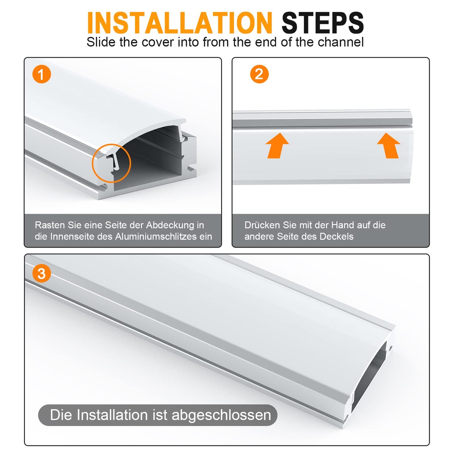 Angdarun LED profile, 12 pieces x 1M U-shape LED aluminum profile channel, for LED strip, with frosted white end caps, mounting clips, and corner connectors.