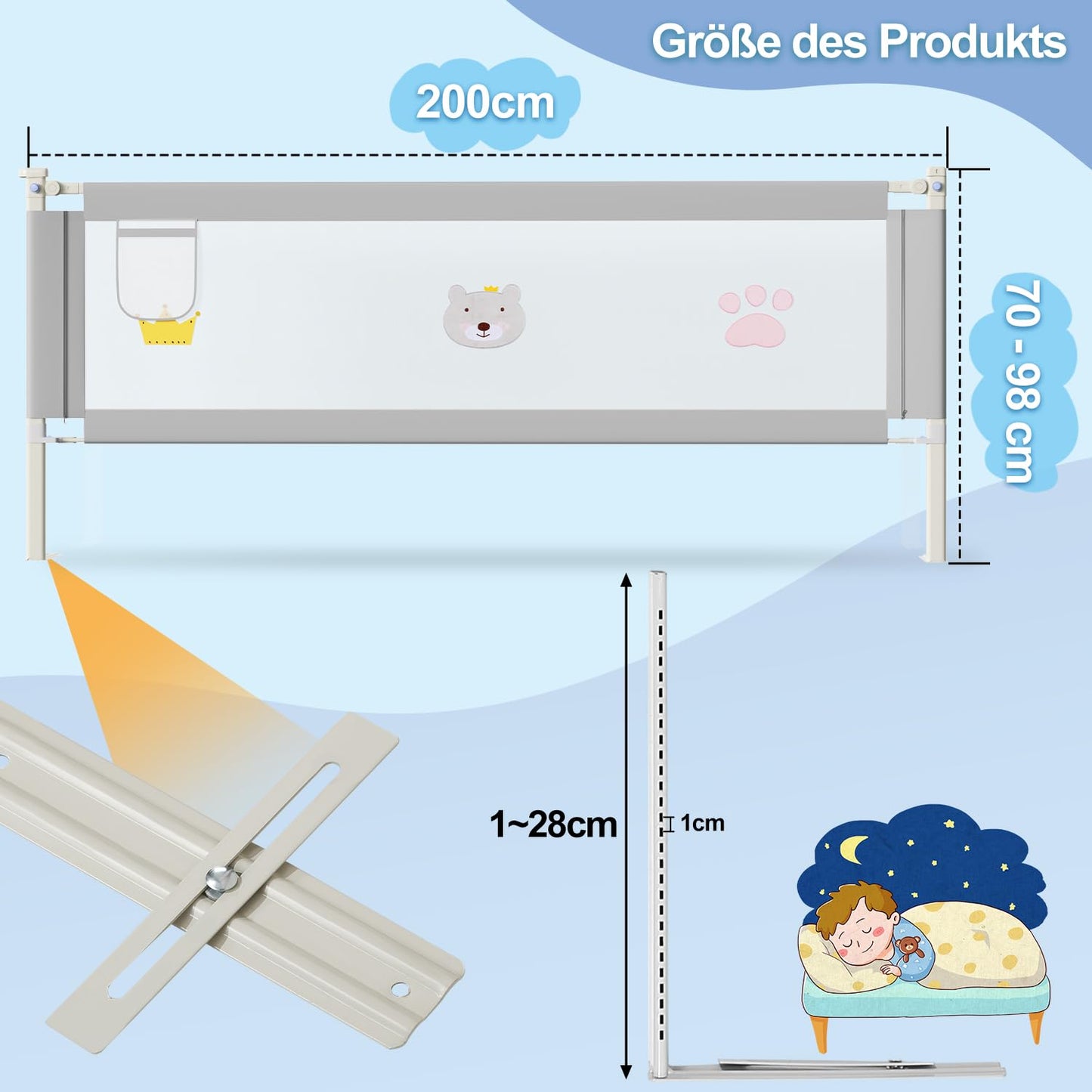 Jopassy bed rail 200cm, height adjustable 70-98 cm, toddler bed guardrail, safety rail with pattern, stable construction, bed rail with mesh, gray