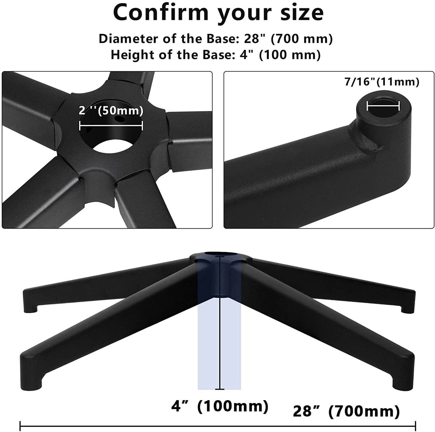 Office chair base, 5-star base with support, black pentagonal metal frame, swivel chair base, suitable for 11mm x 22mm casters, 50mm gas spring.